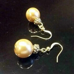 Handmade Golden Glass Pearl and Antiiqued Gold Pewter Dotted Rondelles Earrings